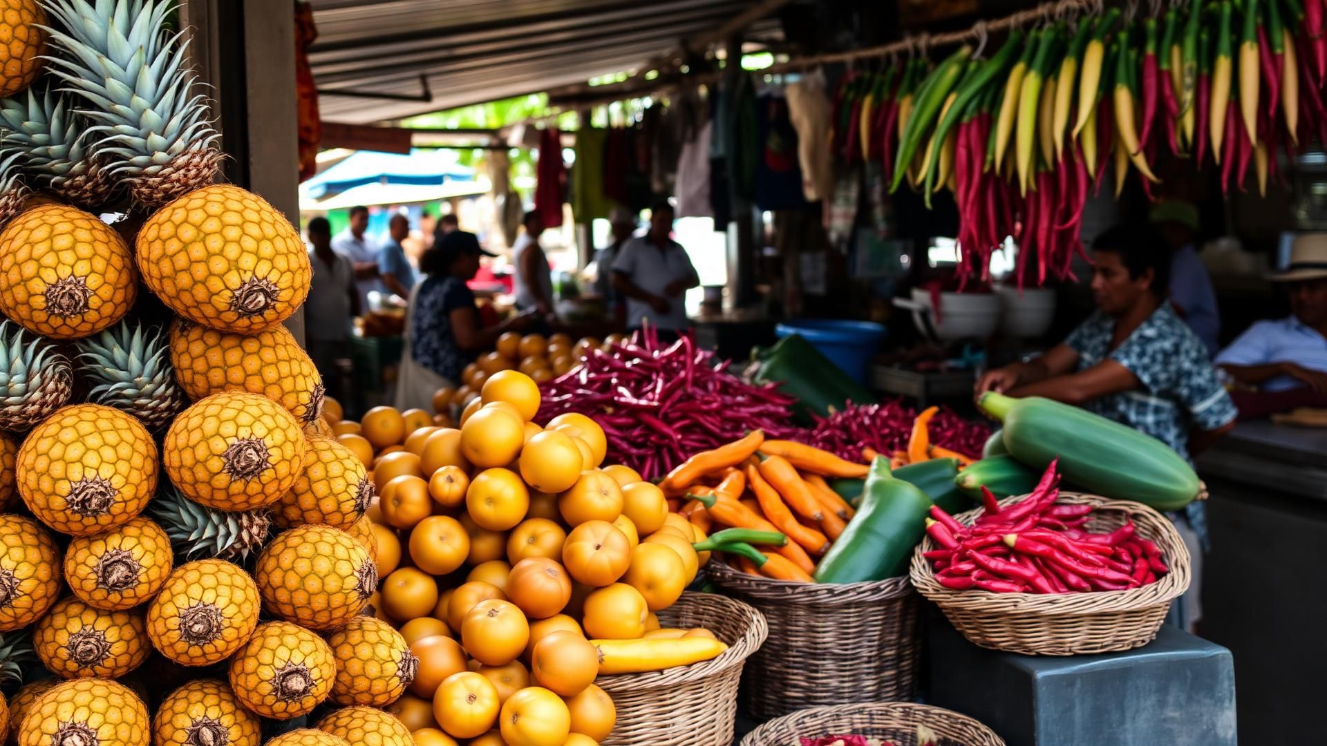 Stacked pineapples, chillies and produce at a Fijian open-air market