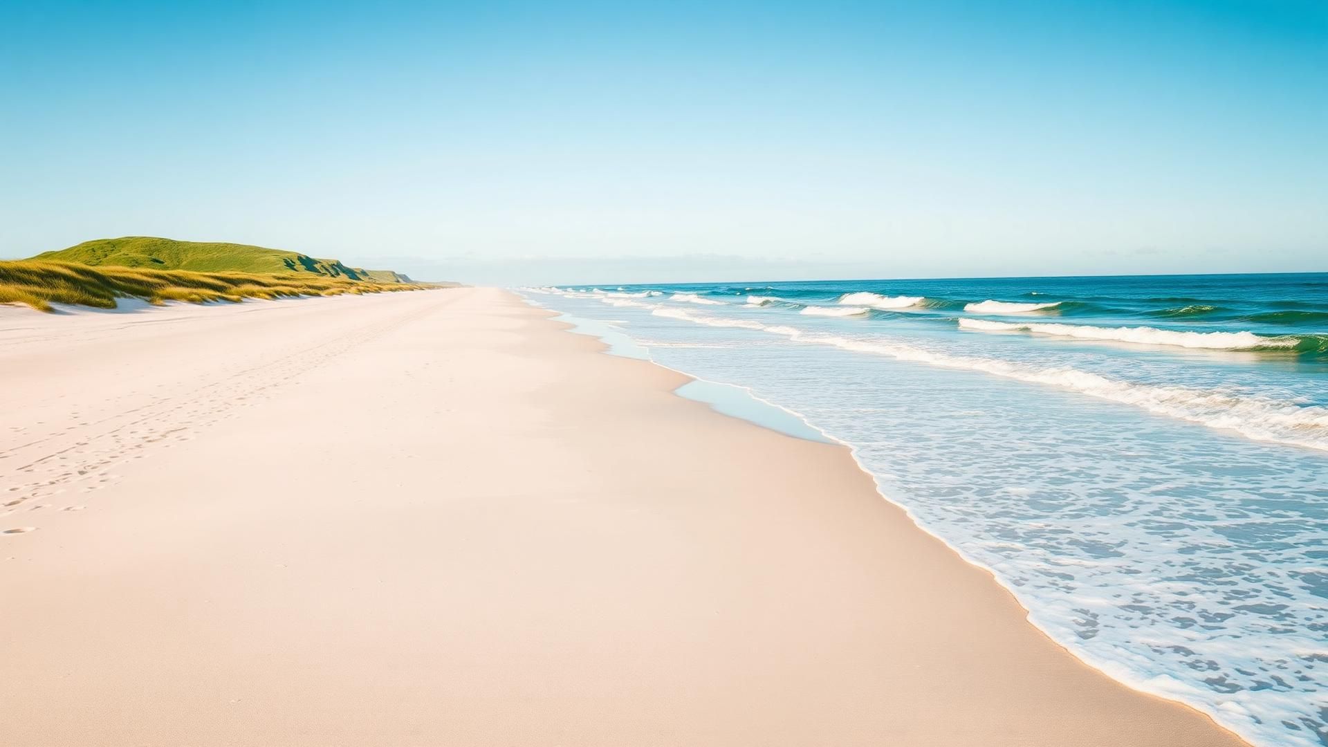 Long empty white-sand beach with rolling surf and a green headland