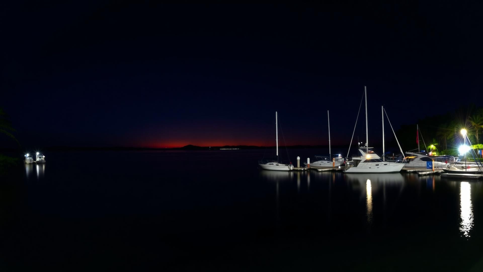 Quiet marina before dawn with moored boats and a thin band of orange on the horizon