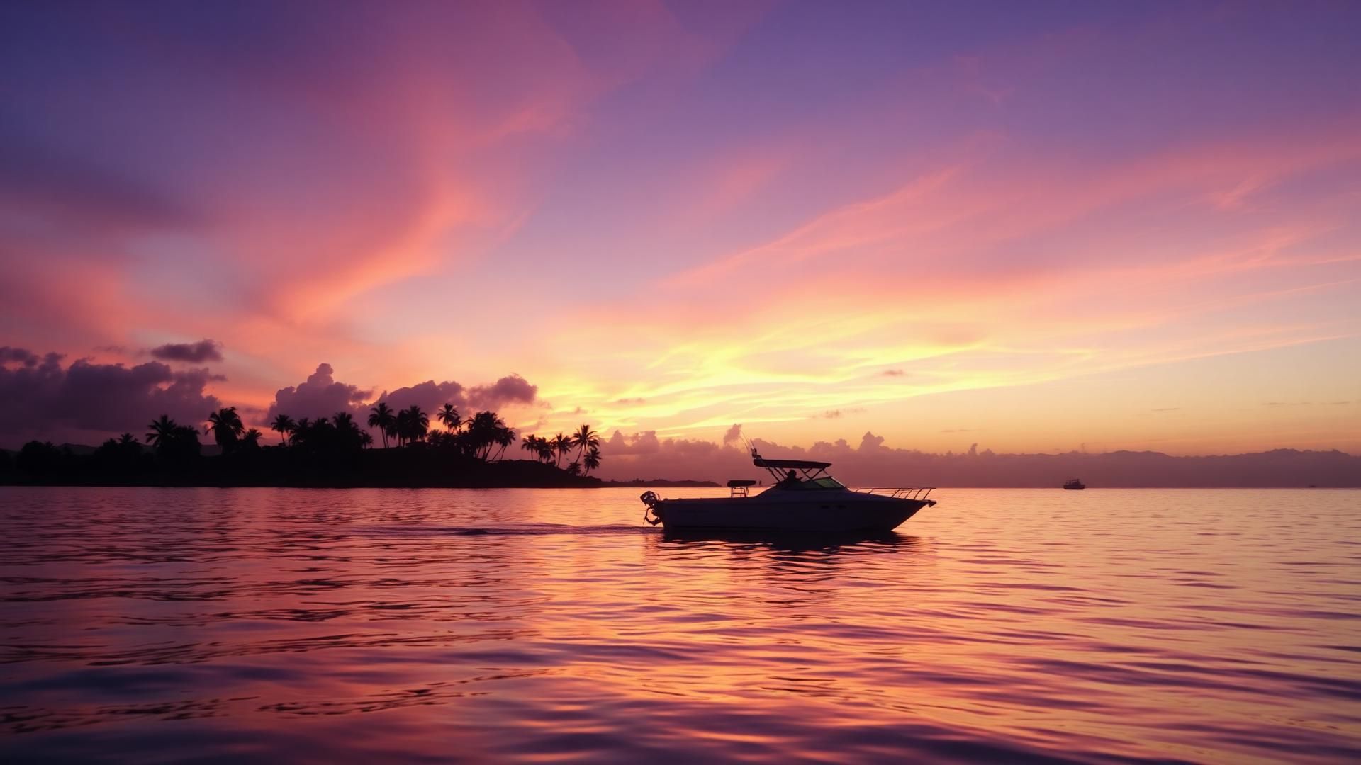Small boat cruising a glassy sea beneath a gold and violet sunset